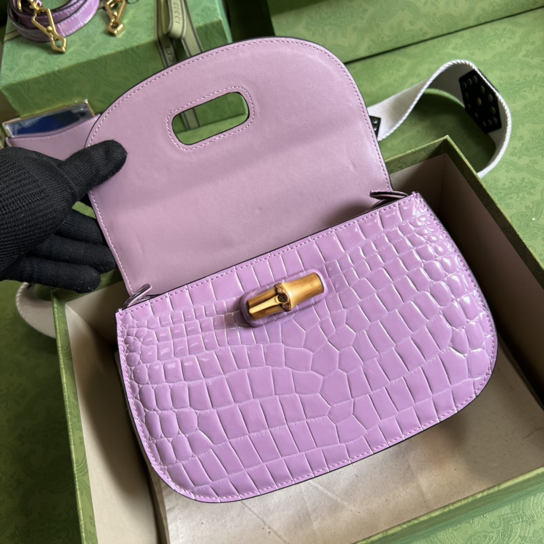 Bagsaaa Bamboo 1947 Small Top Handle Purple Crocodile Leather Bag - 21x15x7cm