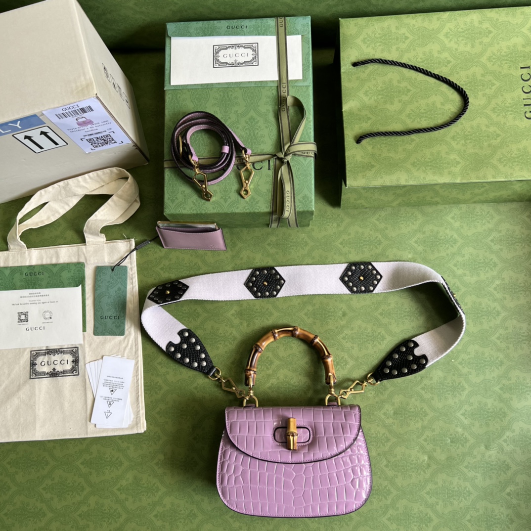 Bagsaaa Bamboo 1947 Small Top Handle Purple Crocodile Leather Bag - 21x15x7cm