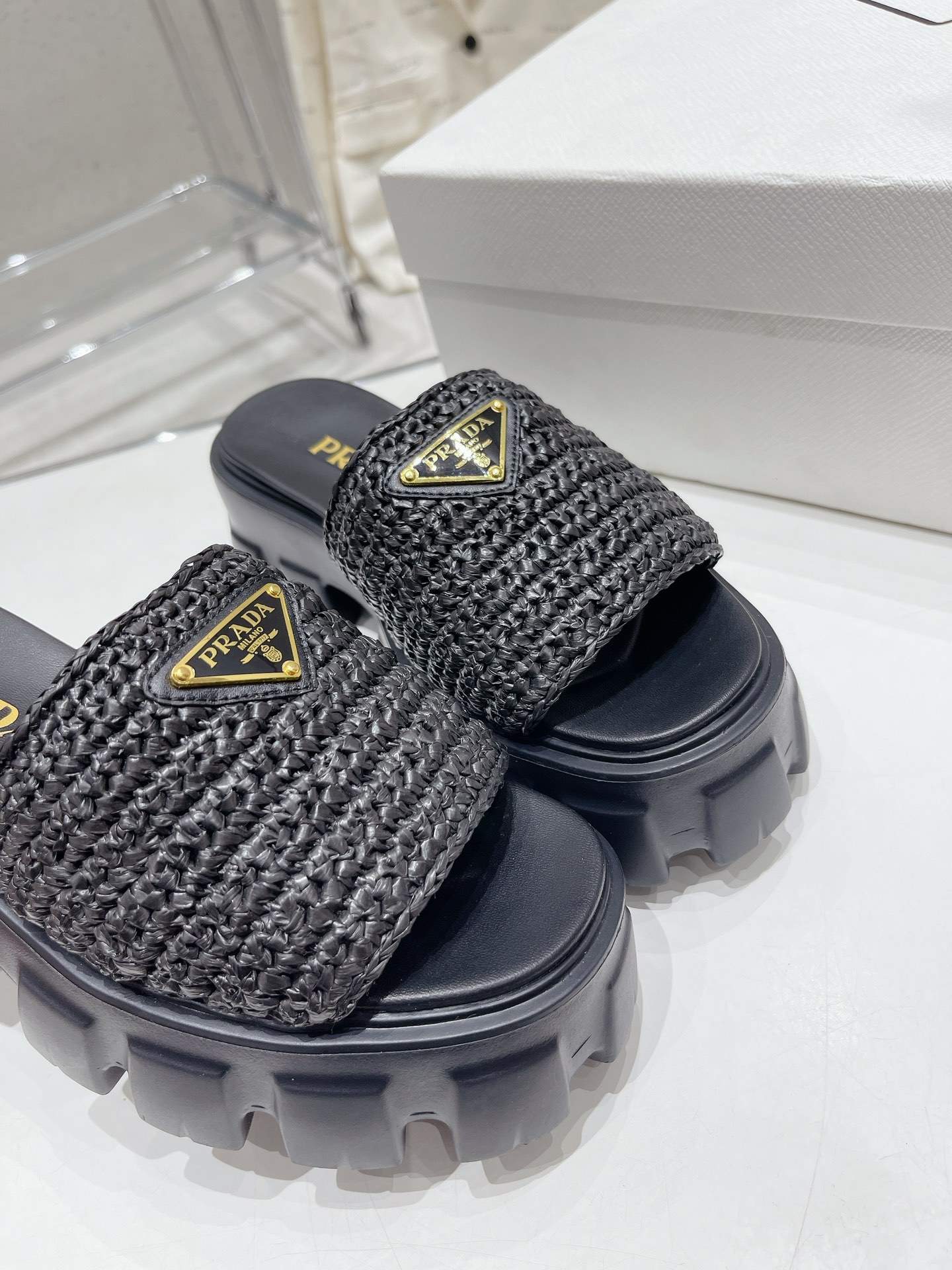 Bagsaaa Pra*a Raffia Sandals Black 