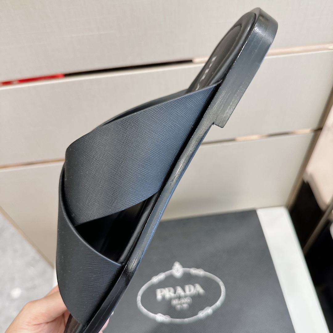 Bagsaaa Pra*a Black Smooth Leather Slides 