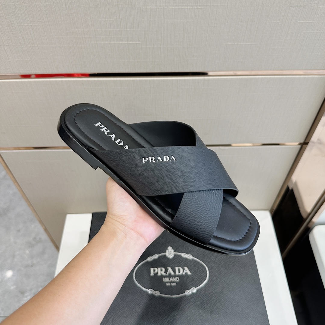 Bagsaaa Pra*a Black Smooth Leather Slides 