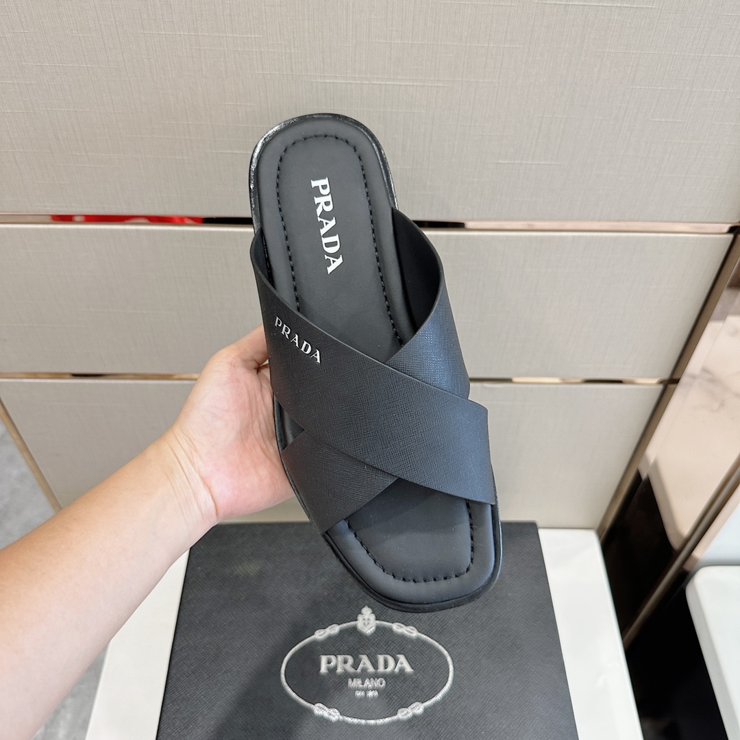 Bagsaaa Pra*a Black Smooth Leather Slides 