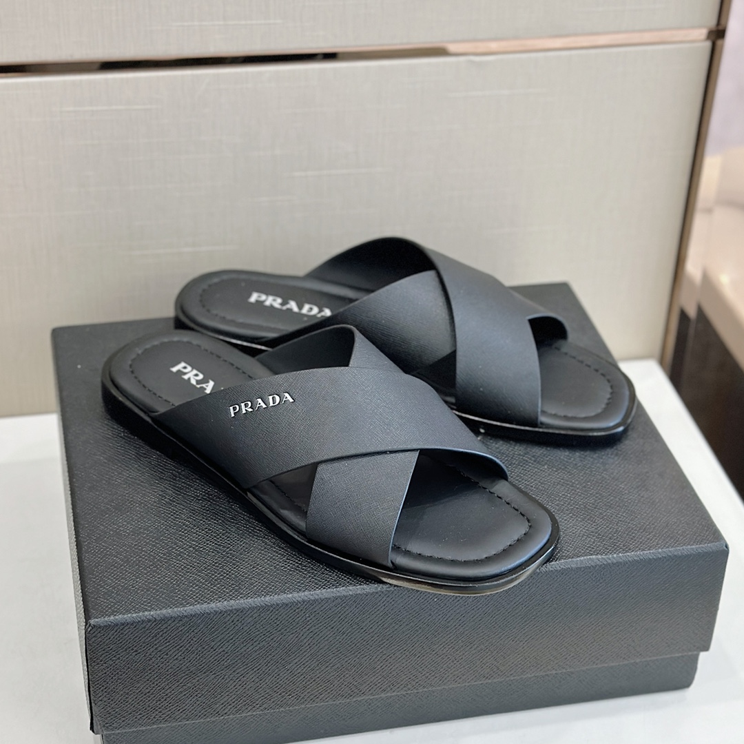 Bagsaaa Pra*a Black Smooth Leather Slides 