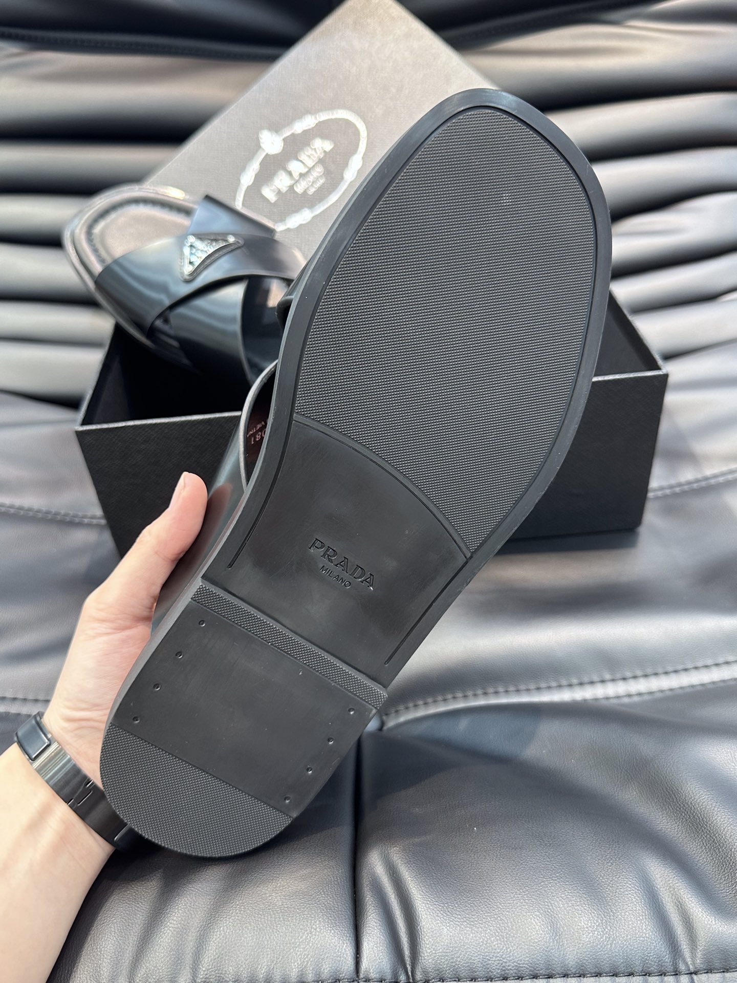 Bagsaaa Pra*a Black Smooth Leather Logo Slides