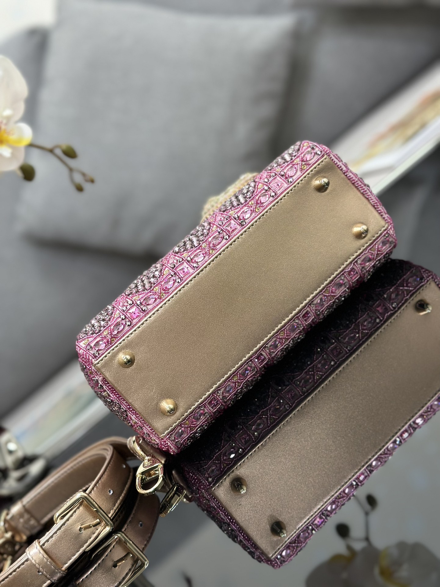 Bagsaaa D10r Lady Small Metallic Calfskin and Satin with Rose Des Vents Resin Pearl Embroidery - 20 x 17 x 8 cm