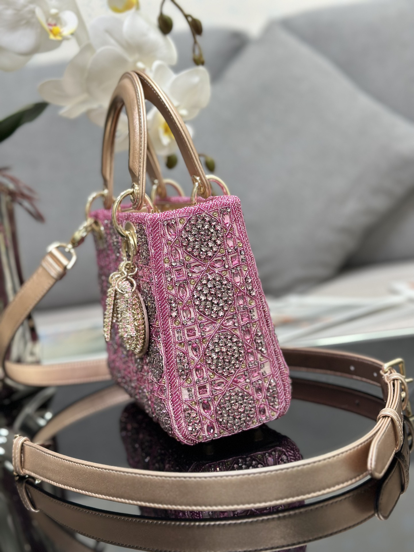 Bagsaaa D10r Lady Small Metallic Calfskin and Satin with Rose Des Vents Resin Pearl Embroidery - 20 x 17 x 8 cm