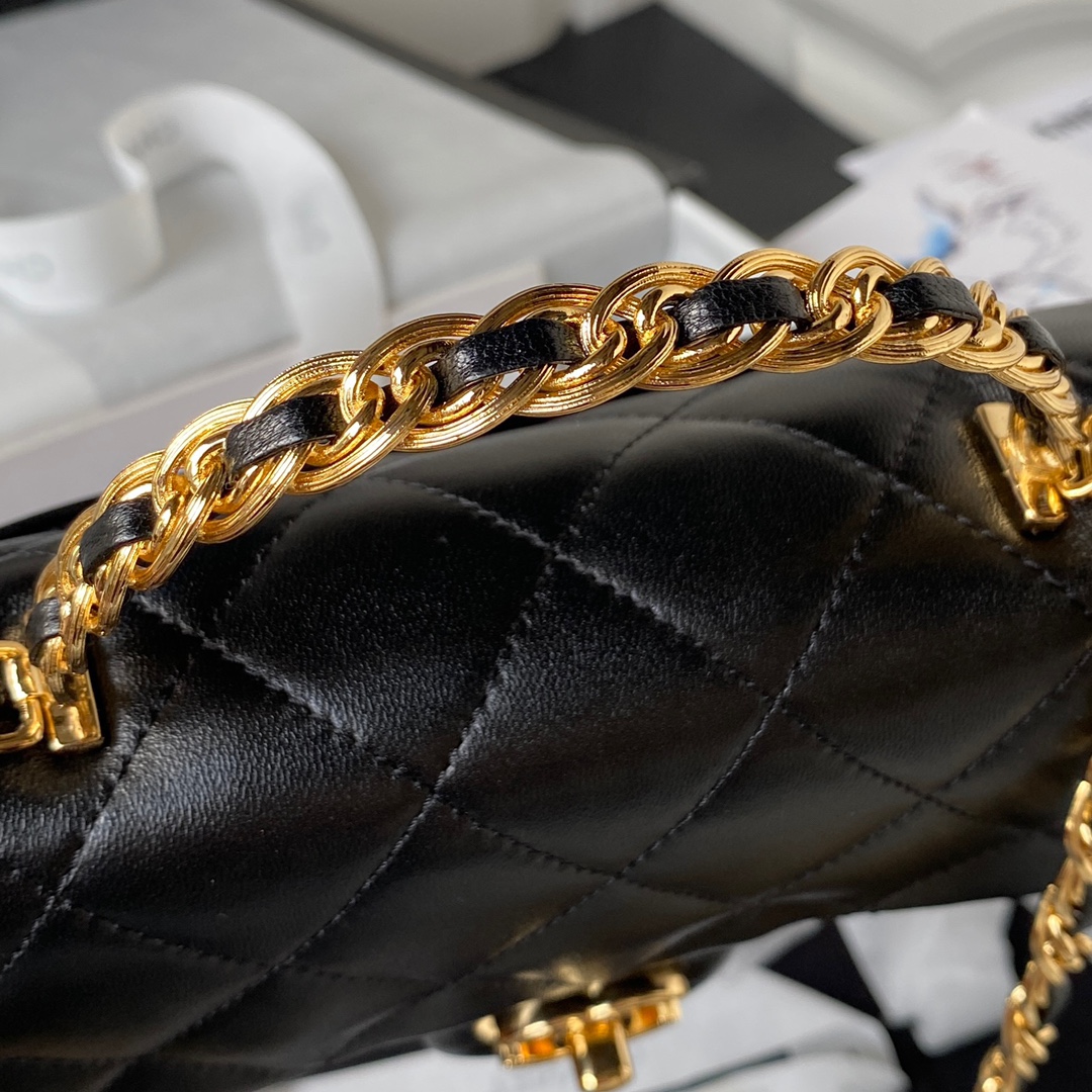 Bagsaaa Ch**el Flap Bag Gold Top Handle Black - 13X21X8cm