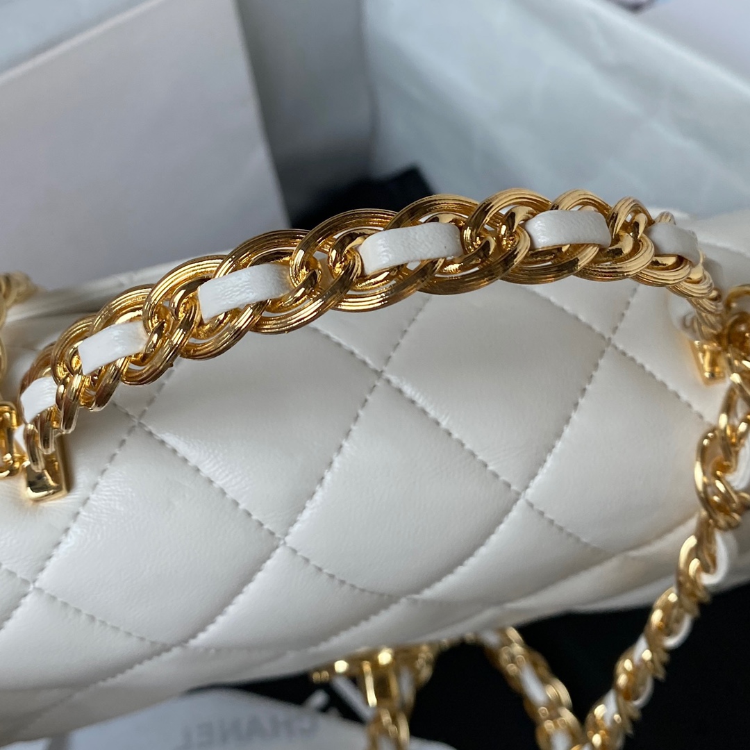 Bagsaaa Ch**el Flap Bag Gold Top Handle White - 13X21X8cm