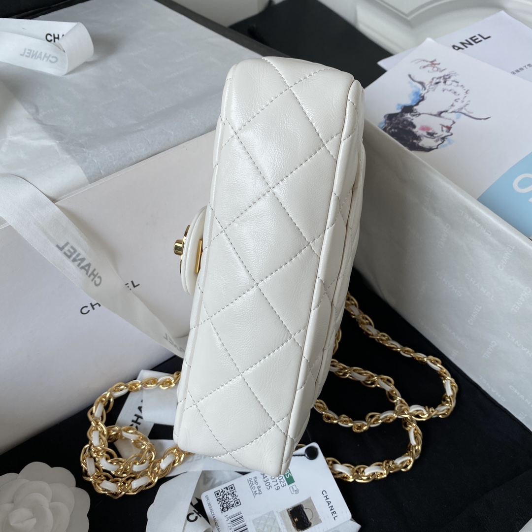 Bagsaaa Ch**el Flap Bag Gold Top Handle White - 13X21X8cm