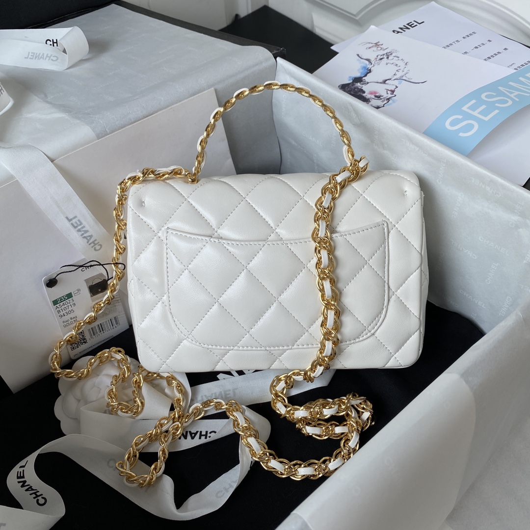 Bagsaaa Ch**el Flap Bag Gold Top Handle White - 13X21X8cm