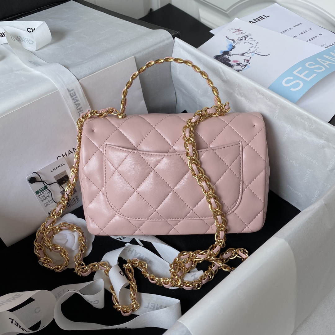 Bagsaaa Ch**el Flap Bag Gold Top Handle Pink- 13X21X8cm