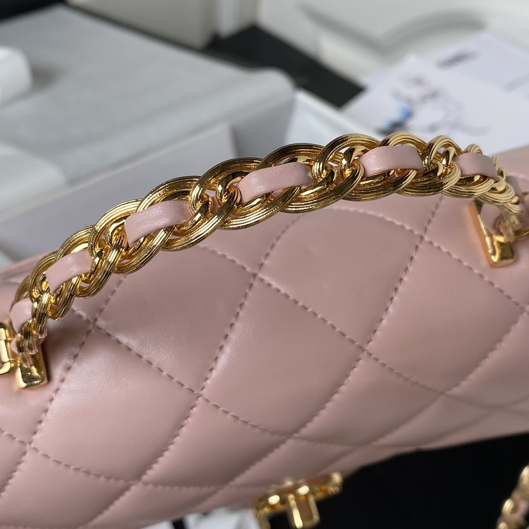 Bagsaaa Ch**el Flap Bag Gold Top Handle Pink- 13X21X8cm