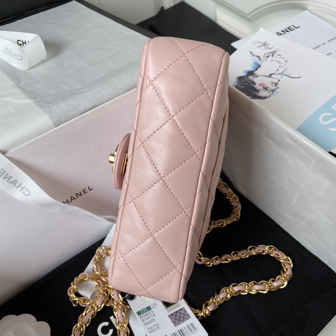 Bagsaaa Ch**el Flap Bag Gold Top Handle Pink- 13X21X8cm