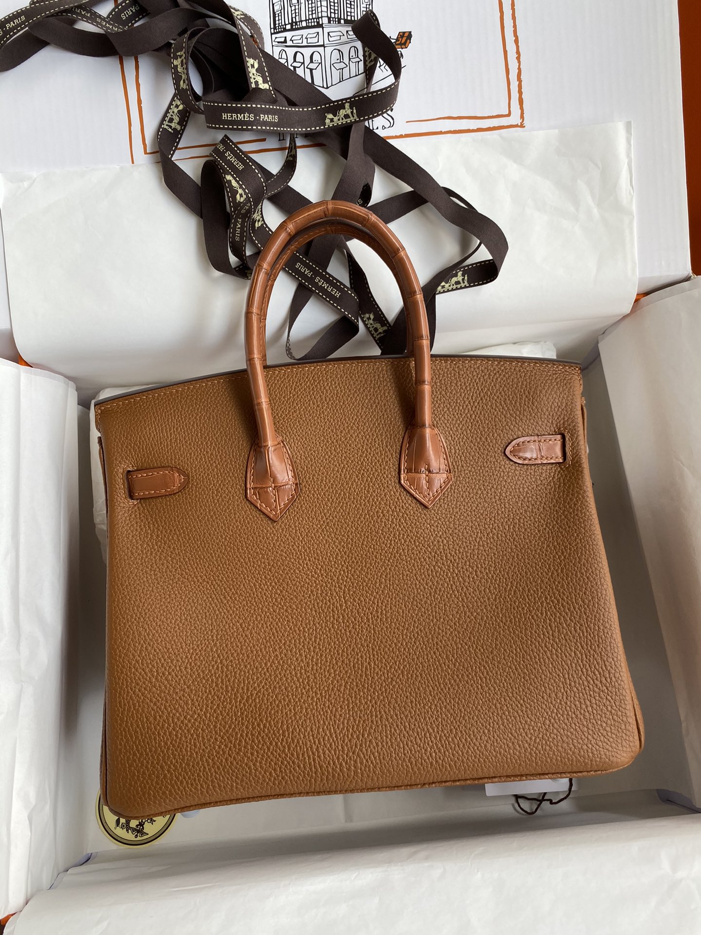 Bagsaaa H**me5 Birkin Touch Togo Leather and Shiny Niloticus Crocodile Brown - 25cm