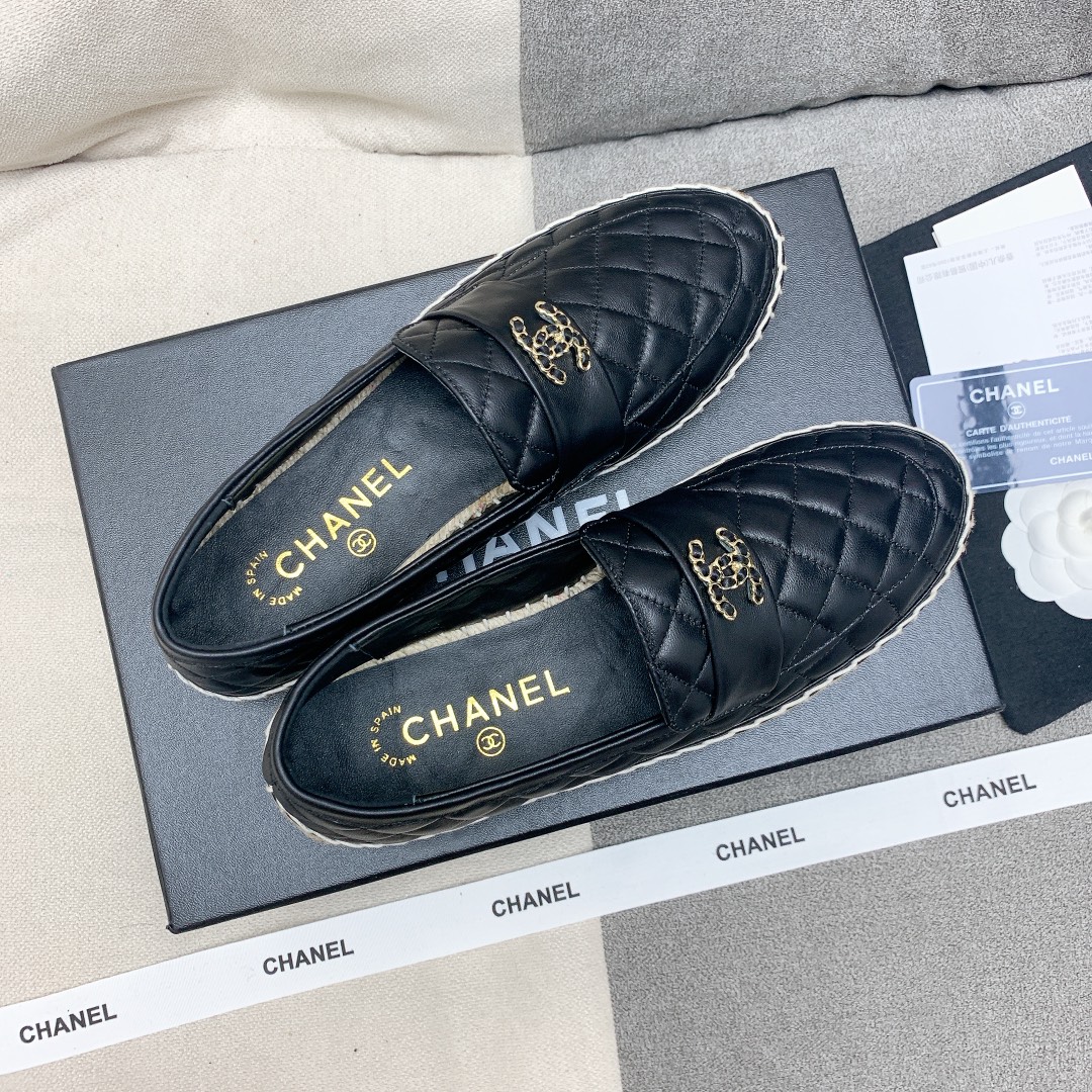 Bagsaaa Ch**el Espadrilles Shoes Quilted Leather Black 