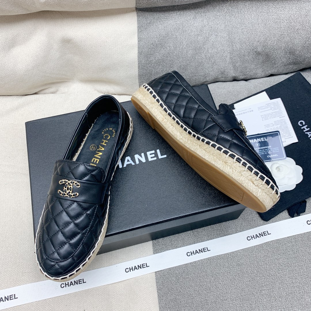 Bagsaaa Ch**el Espadrilles Shoes Quilted Leather Black 