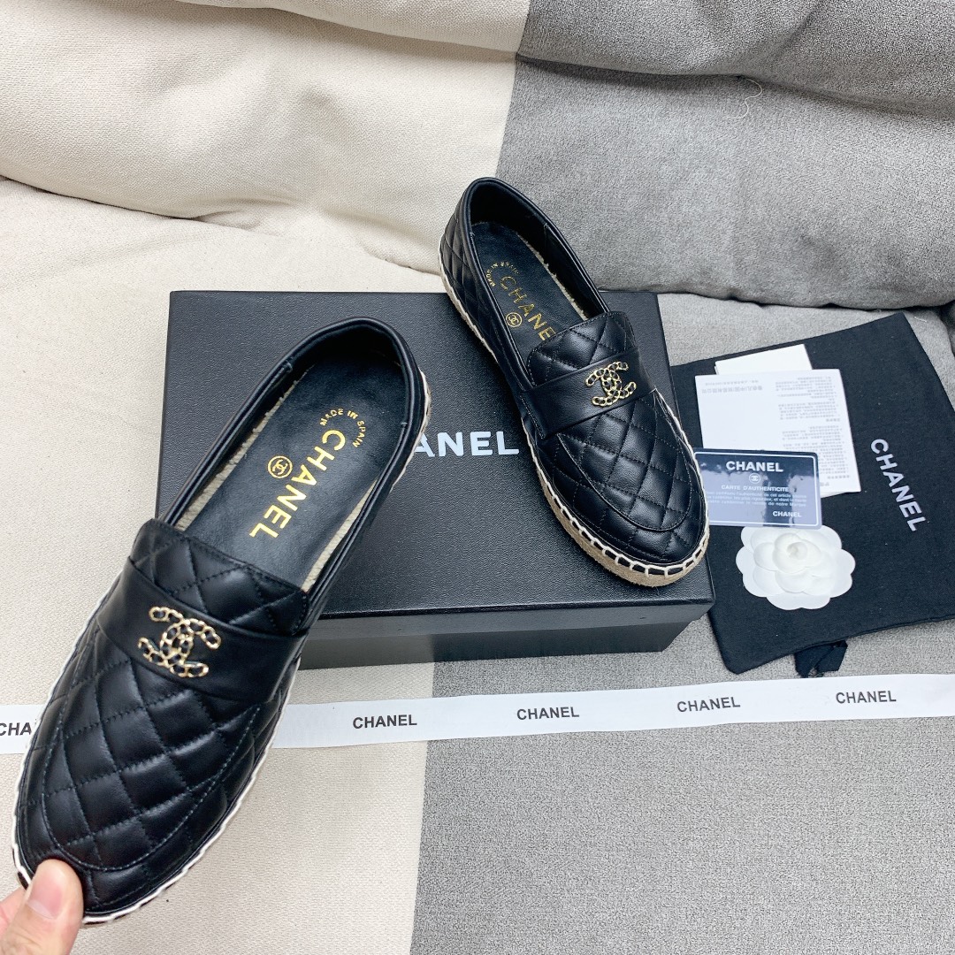 Bagsaaa Ch**el Espadrilles Shoes Quilted Leather Black 