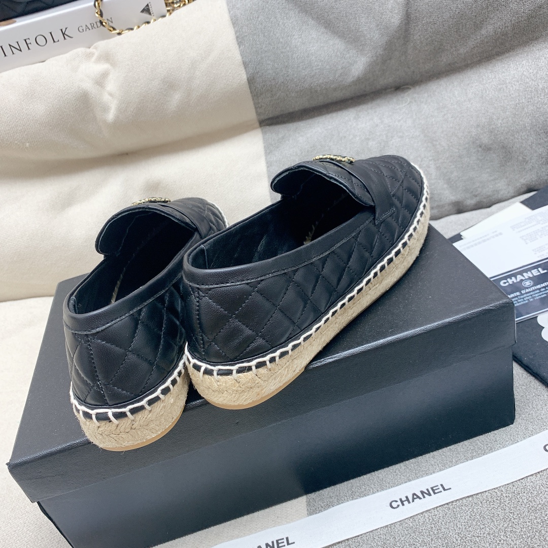 Bagsaaa Ch**el Espadrilles Shoes Quilted Leather Black 
