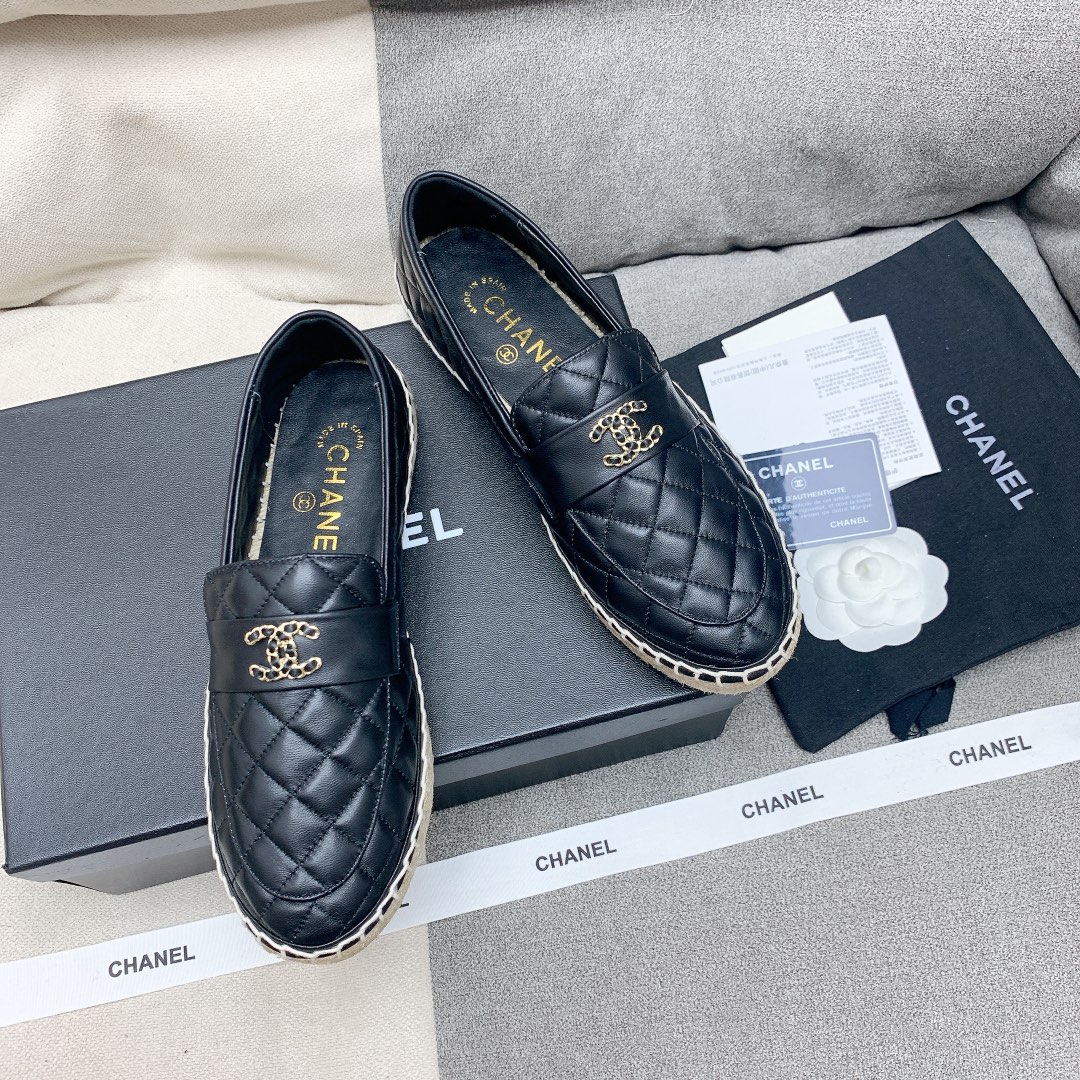 Bagsaaa Ch**el Espadrilles Shoes Quilted Leather Black 