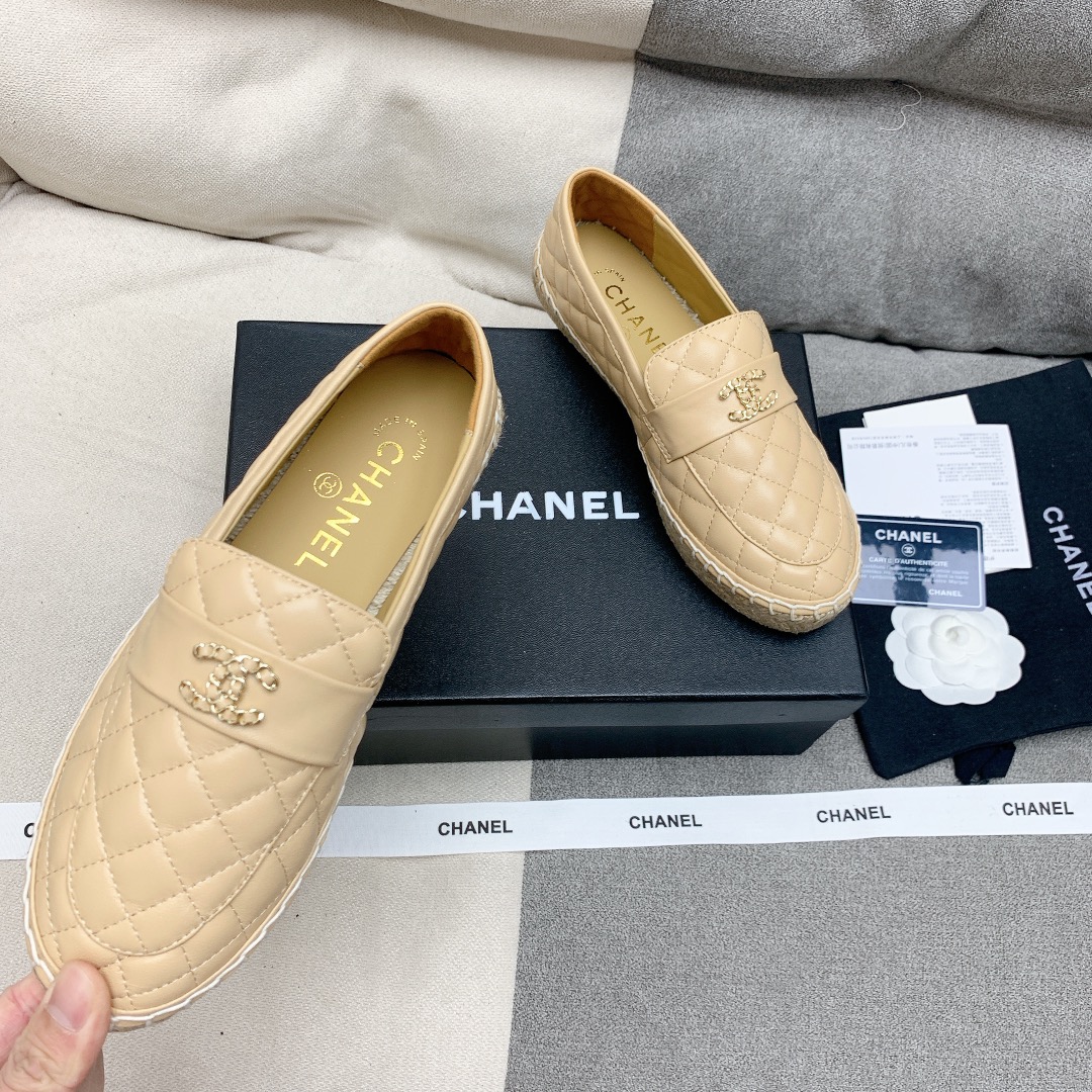 Bagsaaa Ch**el Espadrilles Shoes Quilted Leather Beige