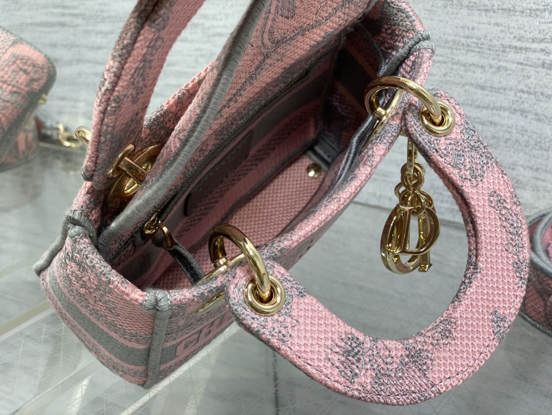 Bagsaaa D10r Lady Mini Grey and Pink Toile de Jouy Embroidery - 17cm