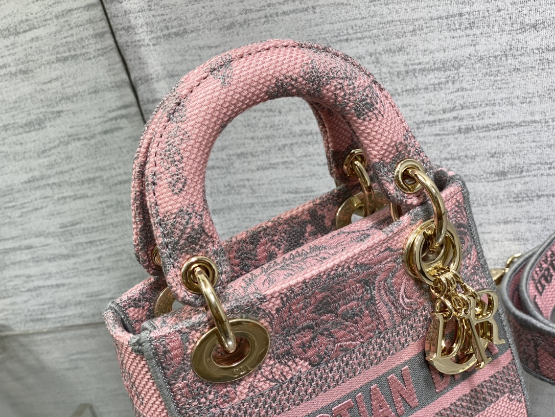 Bagsaaa D10r Lady Mini Grey and Pink Toile de Jouy Embroidery - 17cm