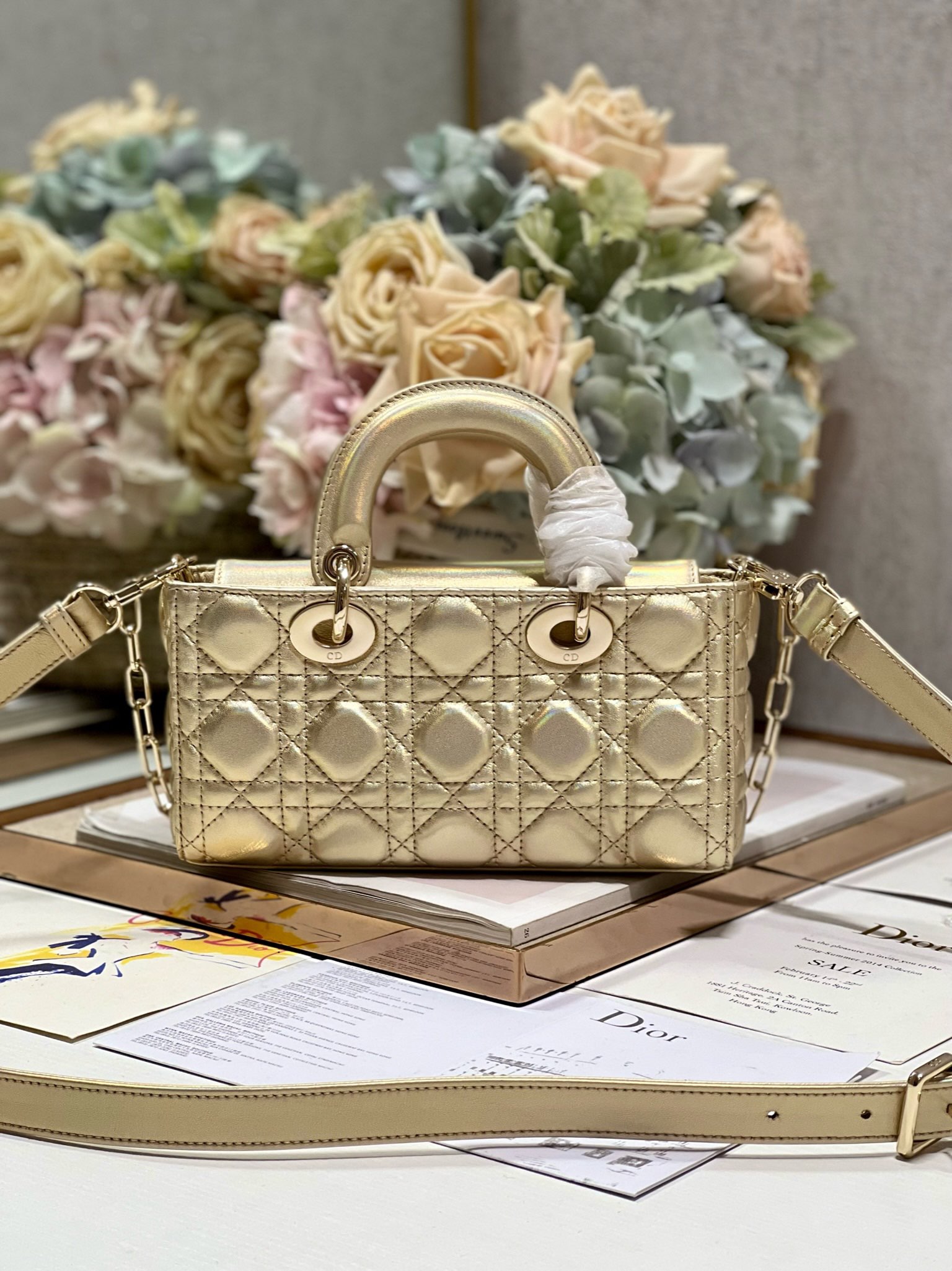 Bagsaaa D10r Lady D-Joy Gold Iridescent Metallic Cannage Lambskin - 22 x 12 x 6 cm