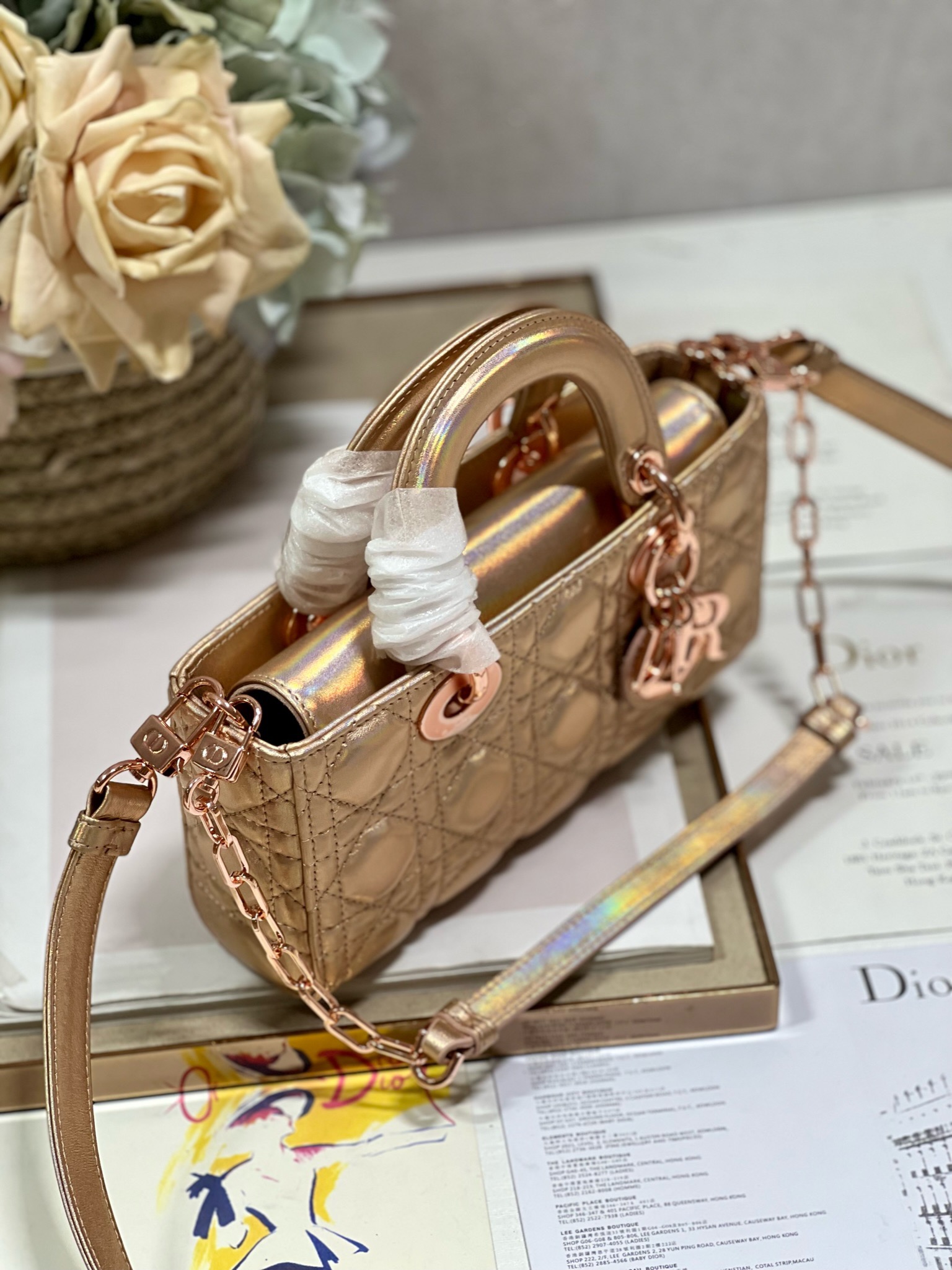 Bagsaaa D10r Lady D-Joy Gold Rose Iridescent Metallic Cannage Lambskin - 22 x 12 x 6 cm