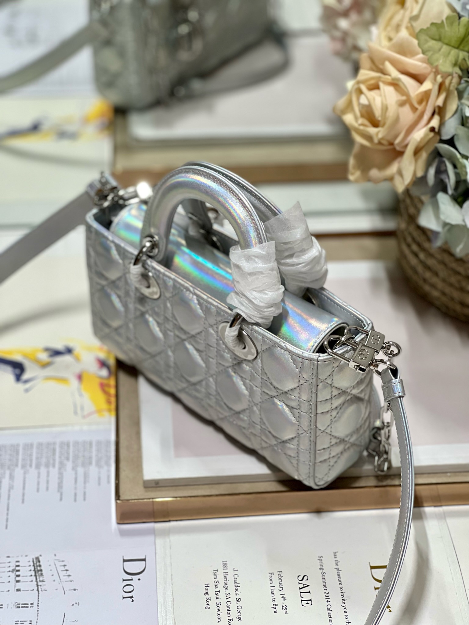 Bagsaaa D10r Lady D-Joy Silver Iridescent Metallic Cannage Lambskin - 22 x 12 x 6 cm