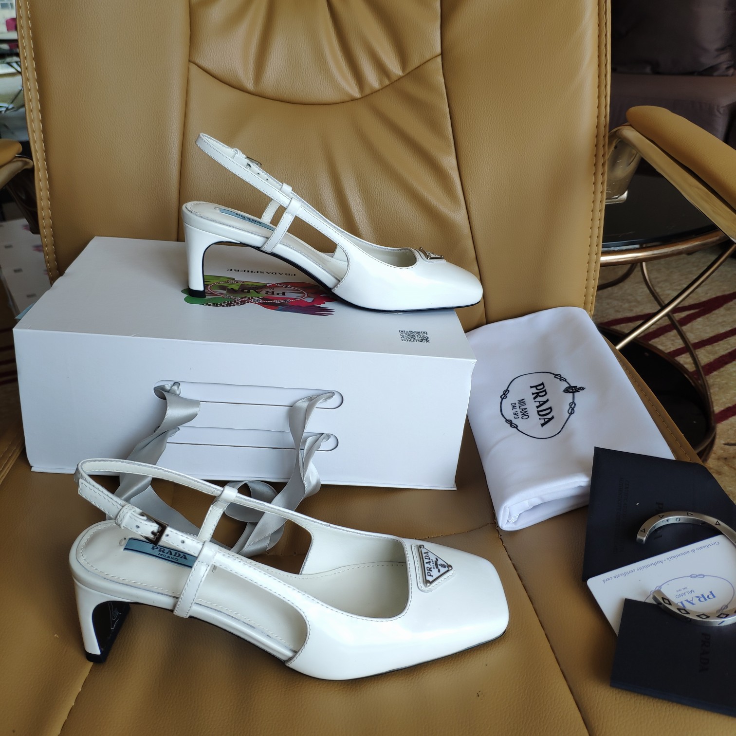 Bagsaaa Pra*a 55 Logo-embellished Leather Slingback Pumps In White