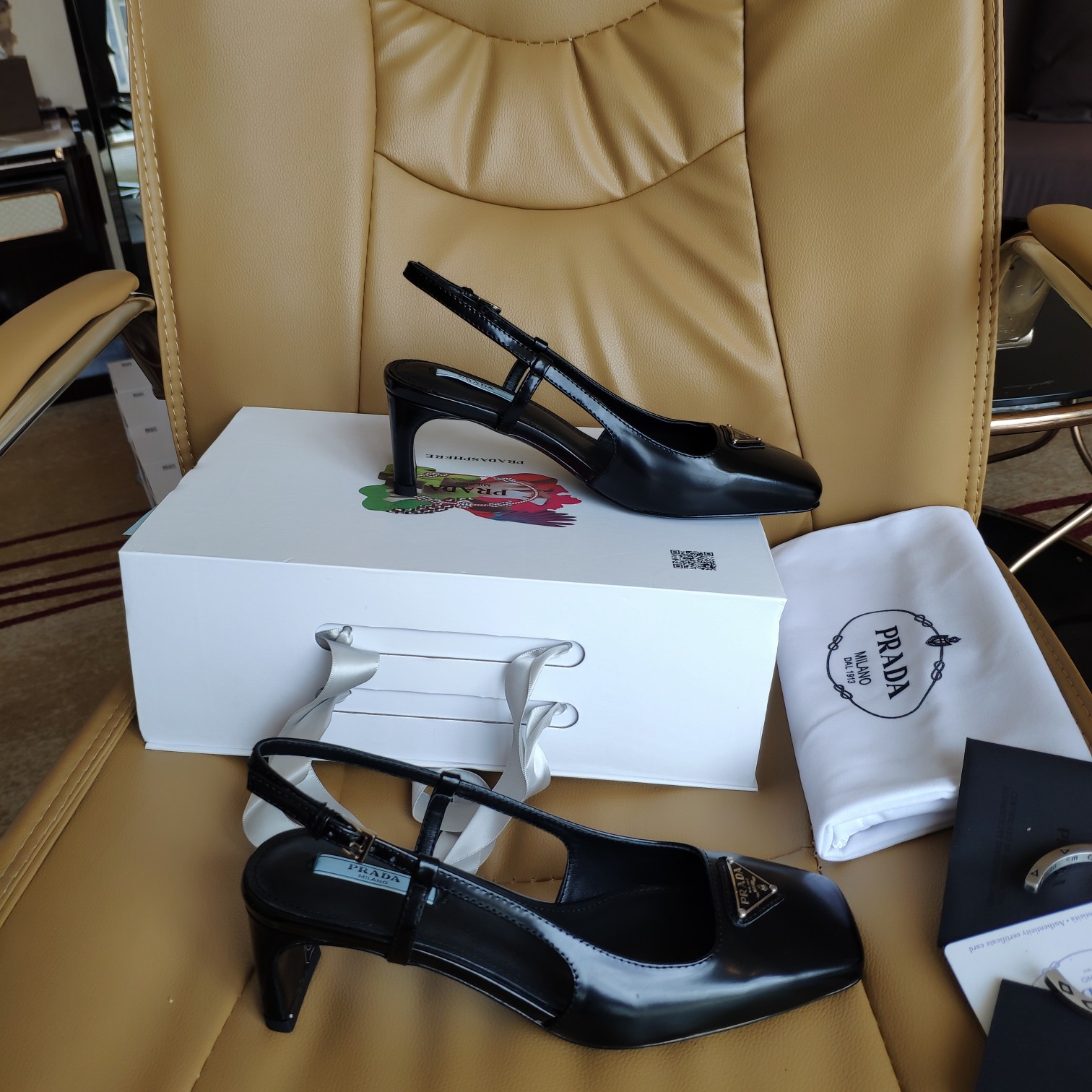 Bagsaaa Pra*a 55 Logo-embellished Leather Slingback Pumps In Black