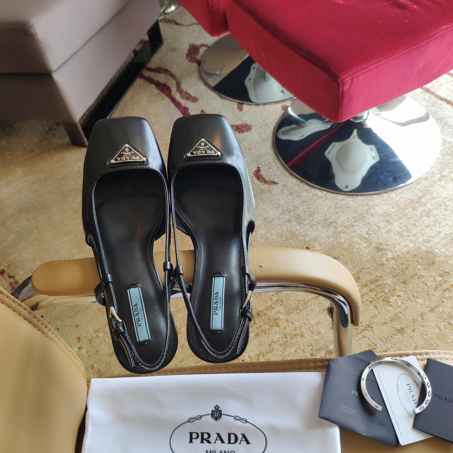 Bagsaaa Pra*a 55 Logo-embellished Leather Slingback Pumps In Black