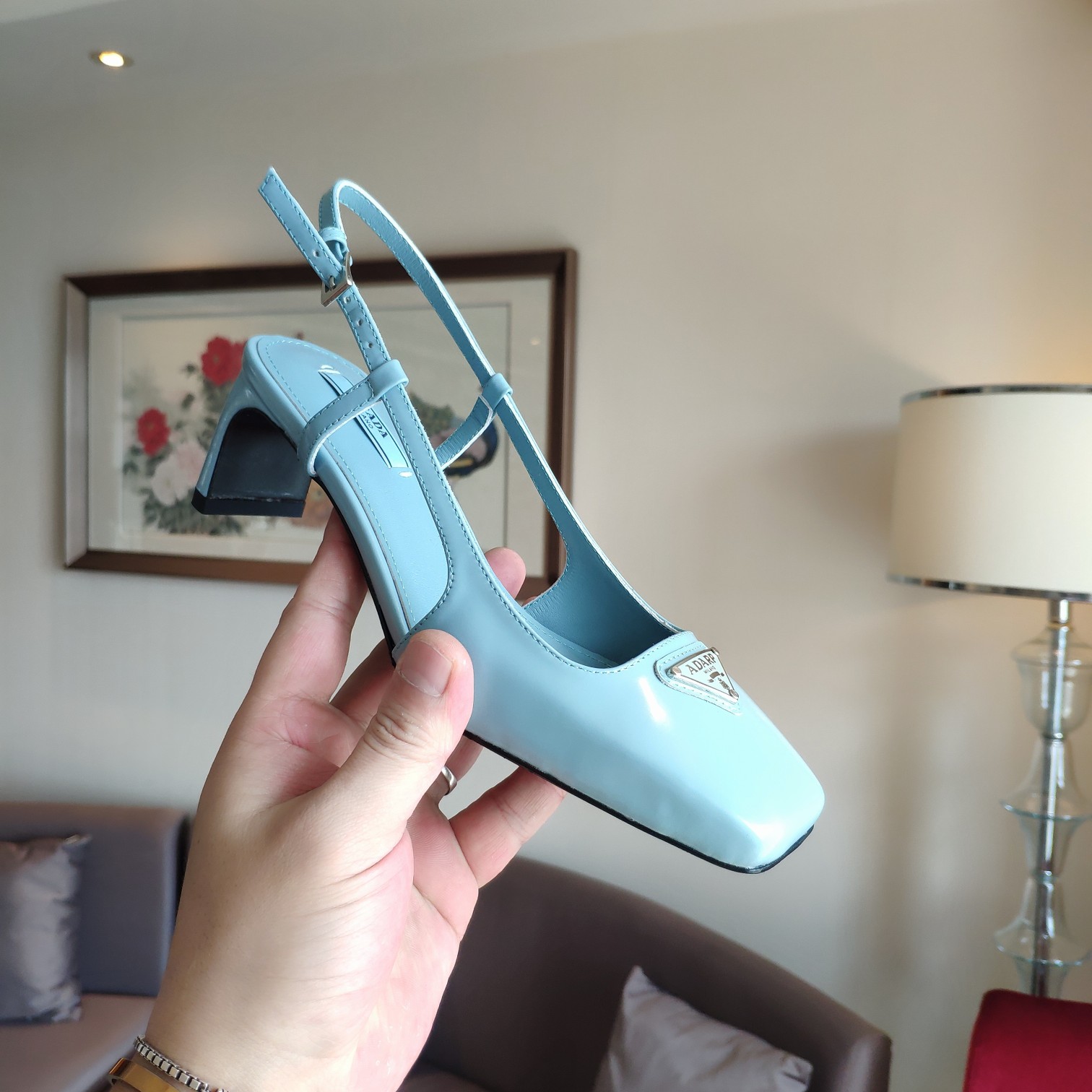 Bagsaaa Pra*a 55 Logo-embellished Leather Slingback Pumps In Blue