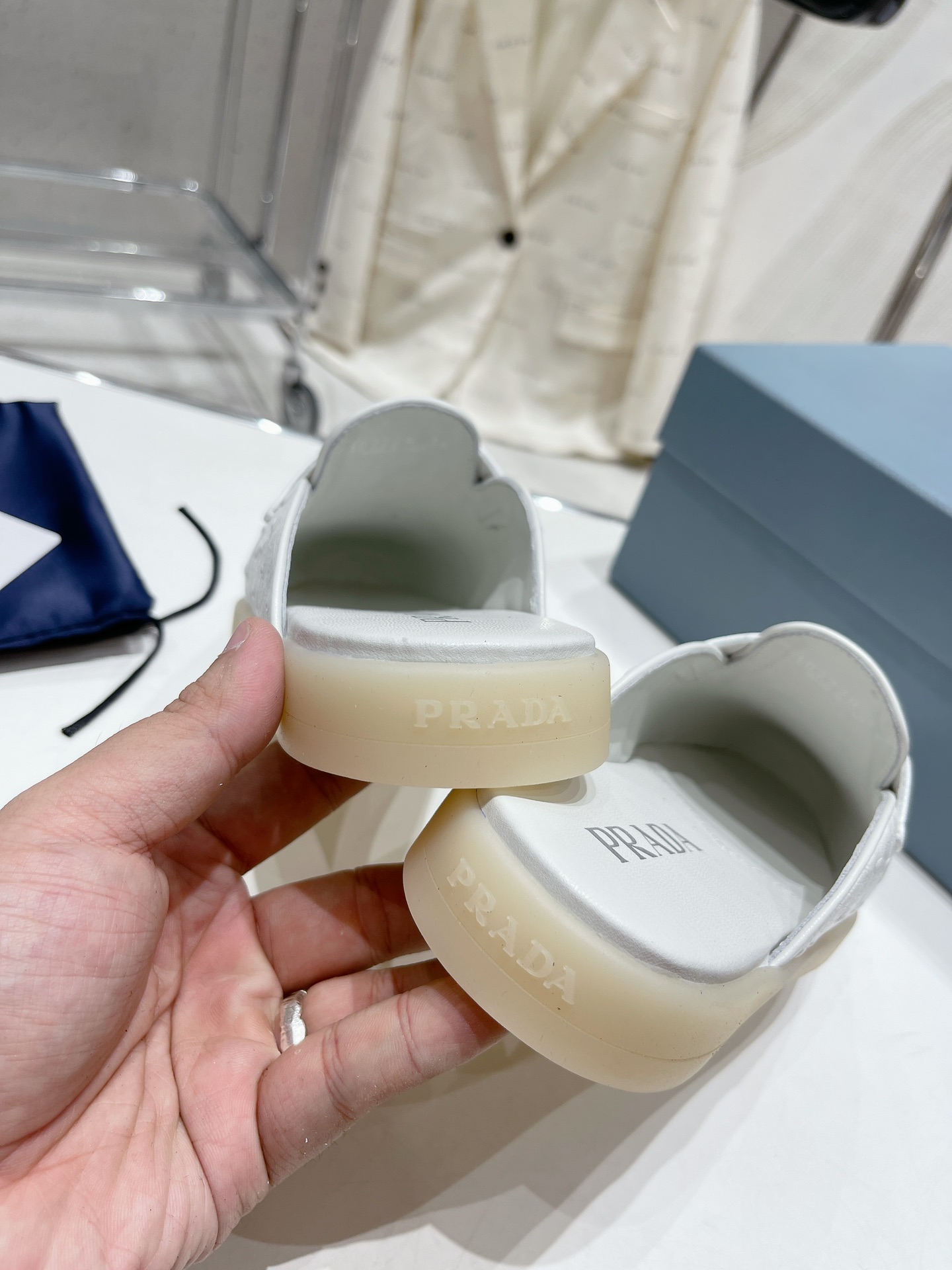 Bagsaaa Pra*a Ostrich Triangle White Mules