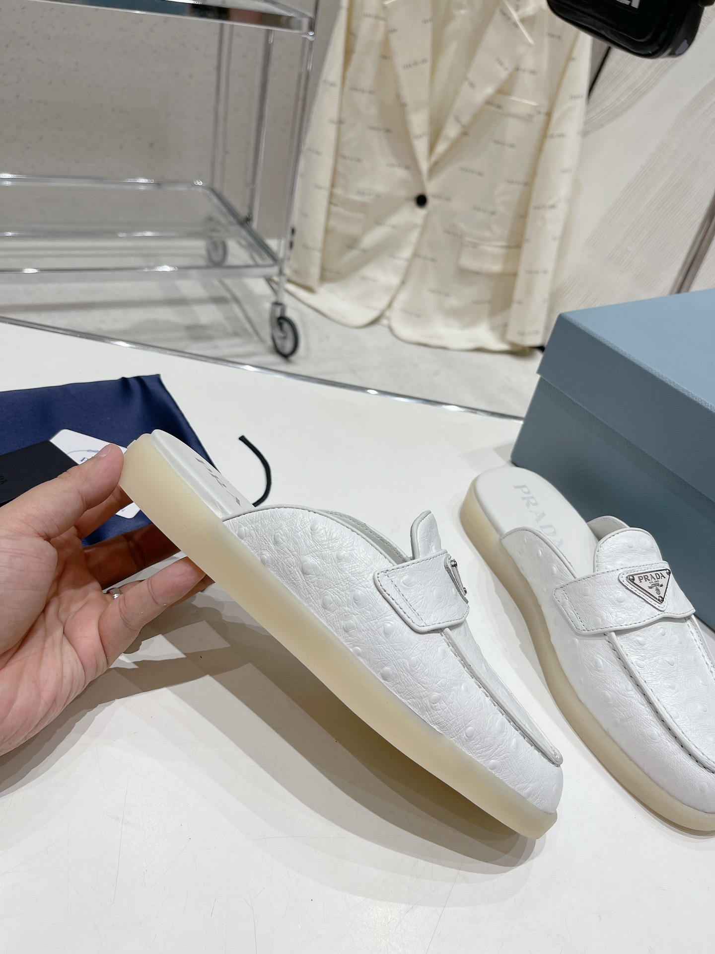 Bagsaaa Pra*a Ostrich Triangle White Mules