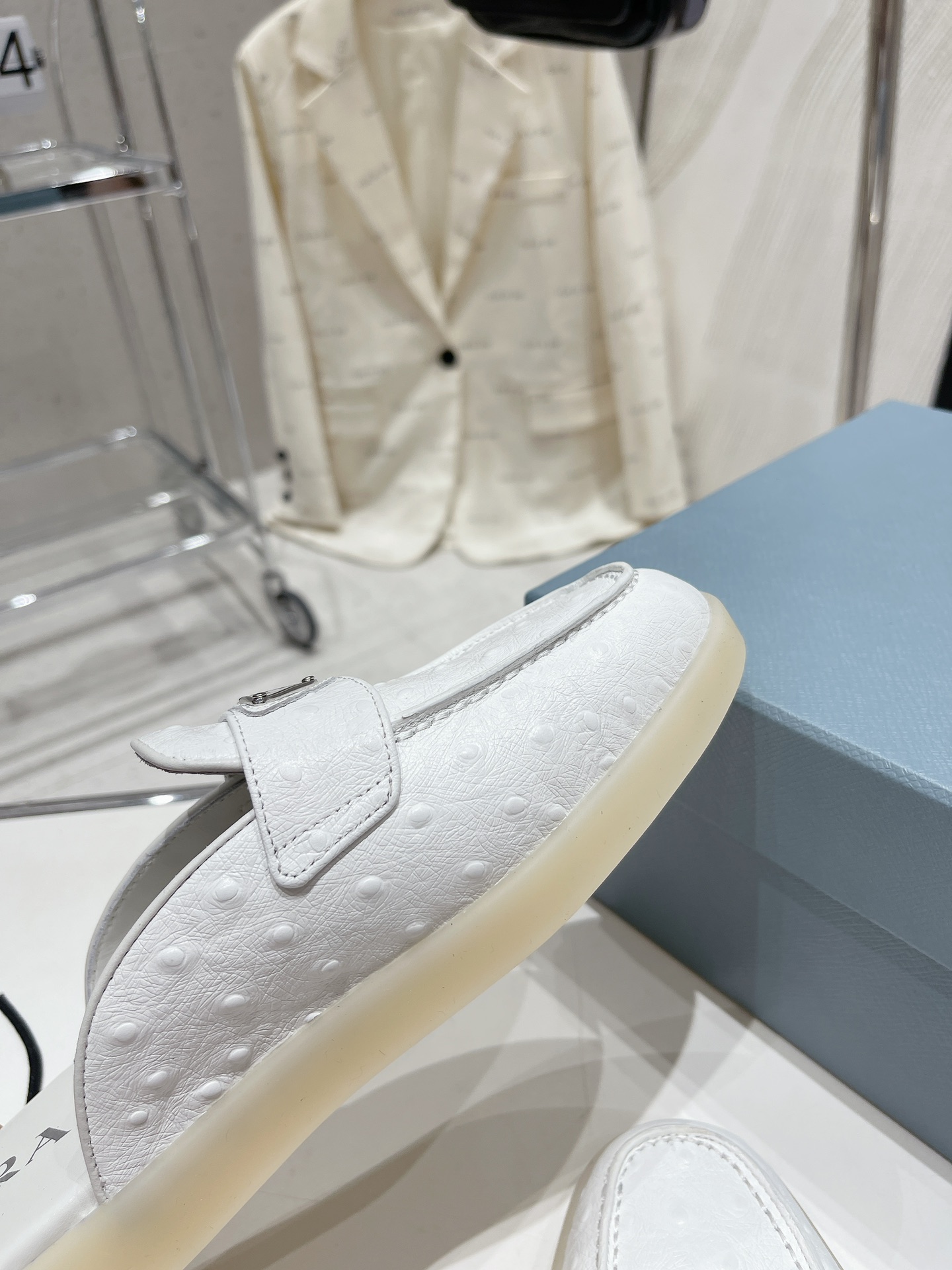 Bagsaaa Pra*a Ostrich Triangle White Mules