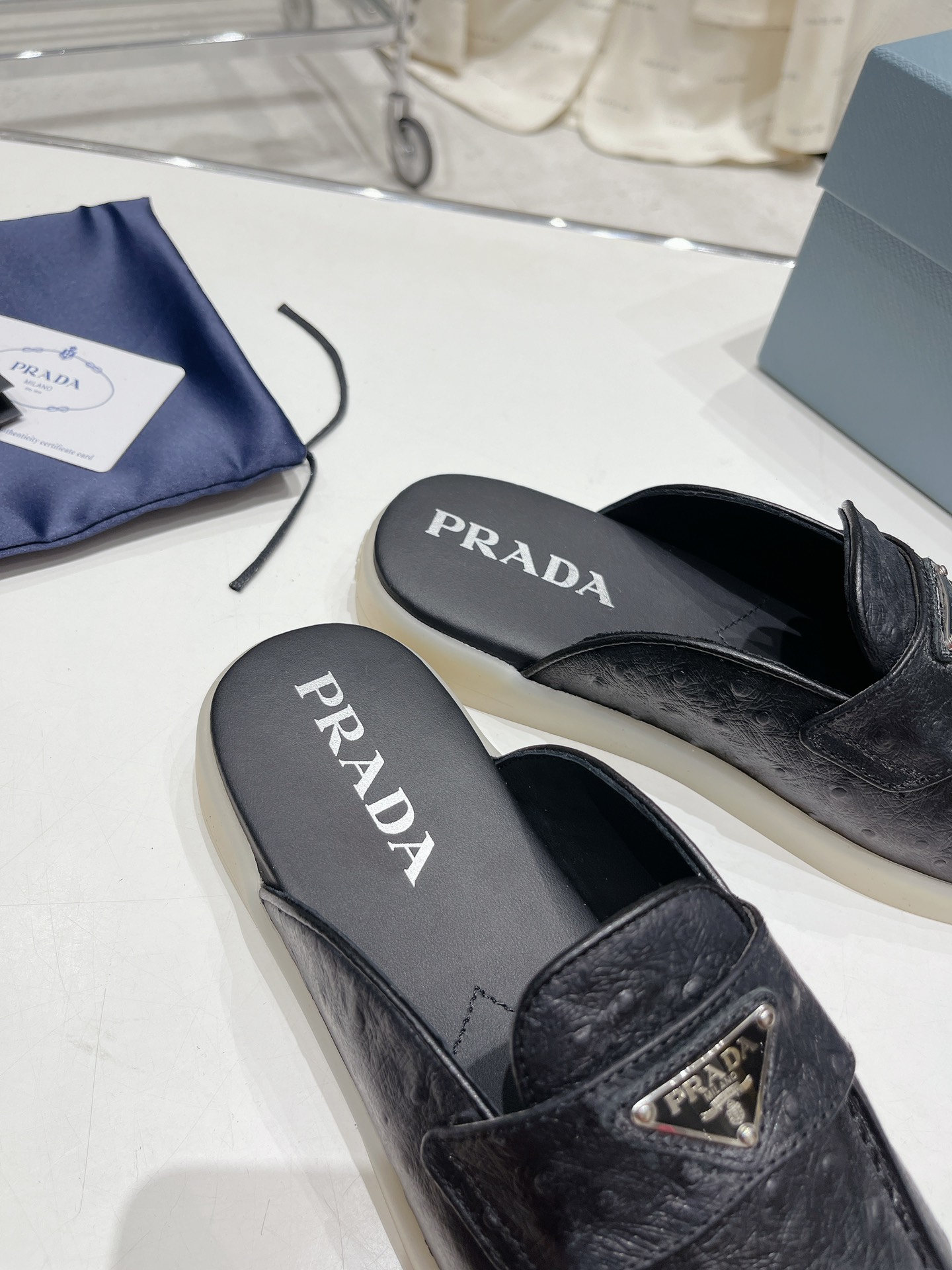 Bagsaaa Pra*a Ostrich Triangle Black Mules