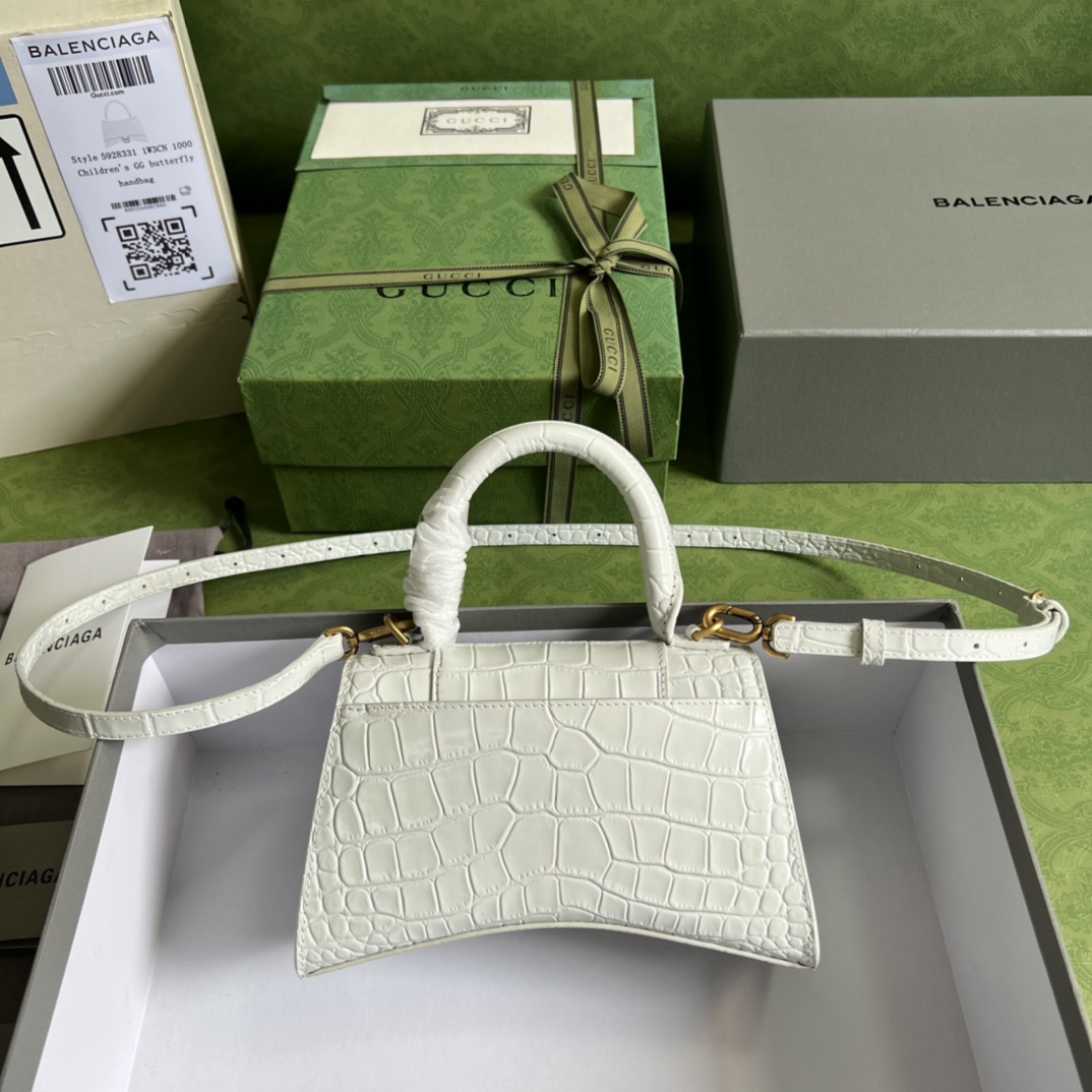 Bagsaaa Ba1en*iaga Hourglass XS Crocodile Embossed White Gold Hardware - 19*13*8cm
