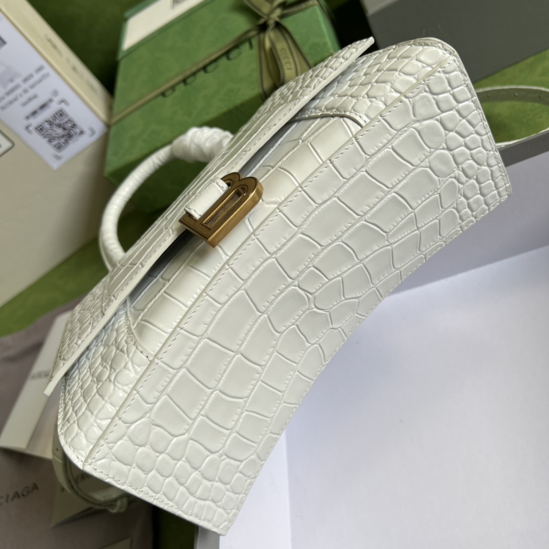 Bagsaaa Ba1en*iaga Hourglass Small Crocodile Embossed White Gold Hardware - 22.5*14.5*10cm
