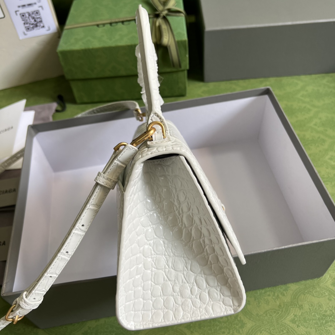 Bagsaaa Ba1en*iaga Hourglass Small Crocodile Embossed White Gold Hardware - 22.5*14.5*10cm