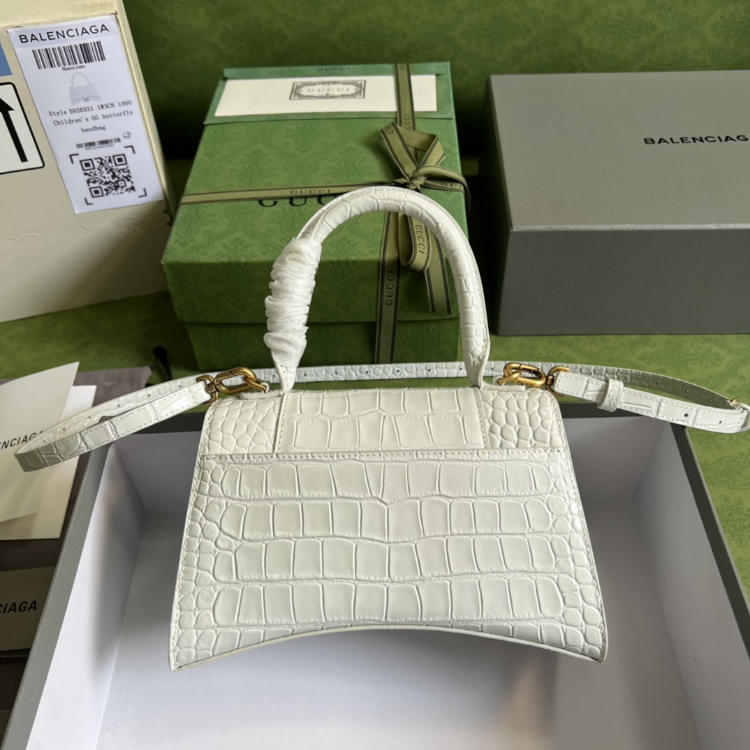 Bagsaaa Ba1en*iaga Hourglass Small Crocodile Embossed White Gold Hardware - 22.5*14.5*10cm