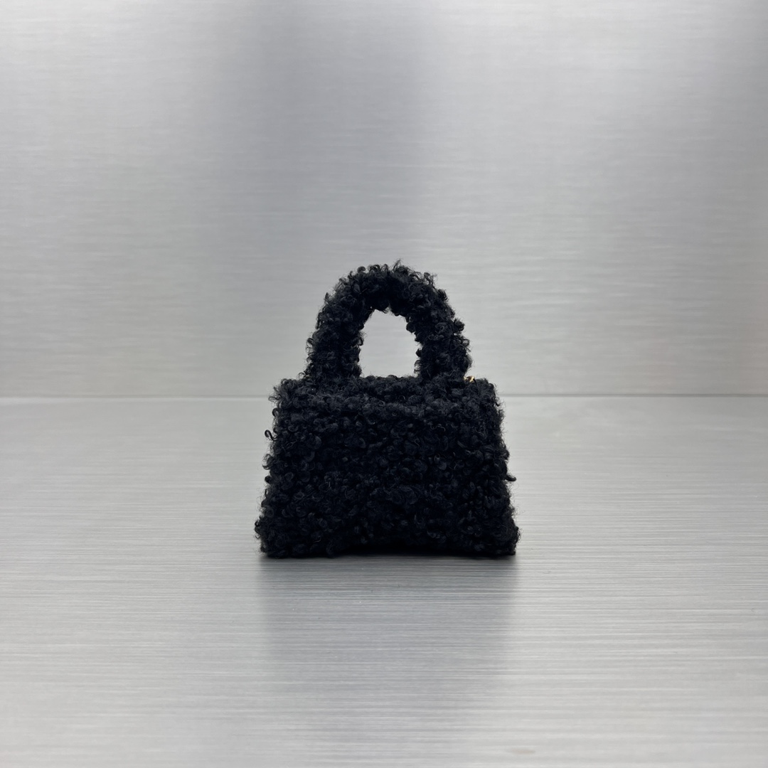 Bagsaaa Ba1en*iaga Mini Hourglass Furry Black Bag - 11.5x14x4.5cm