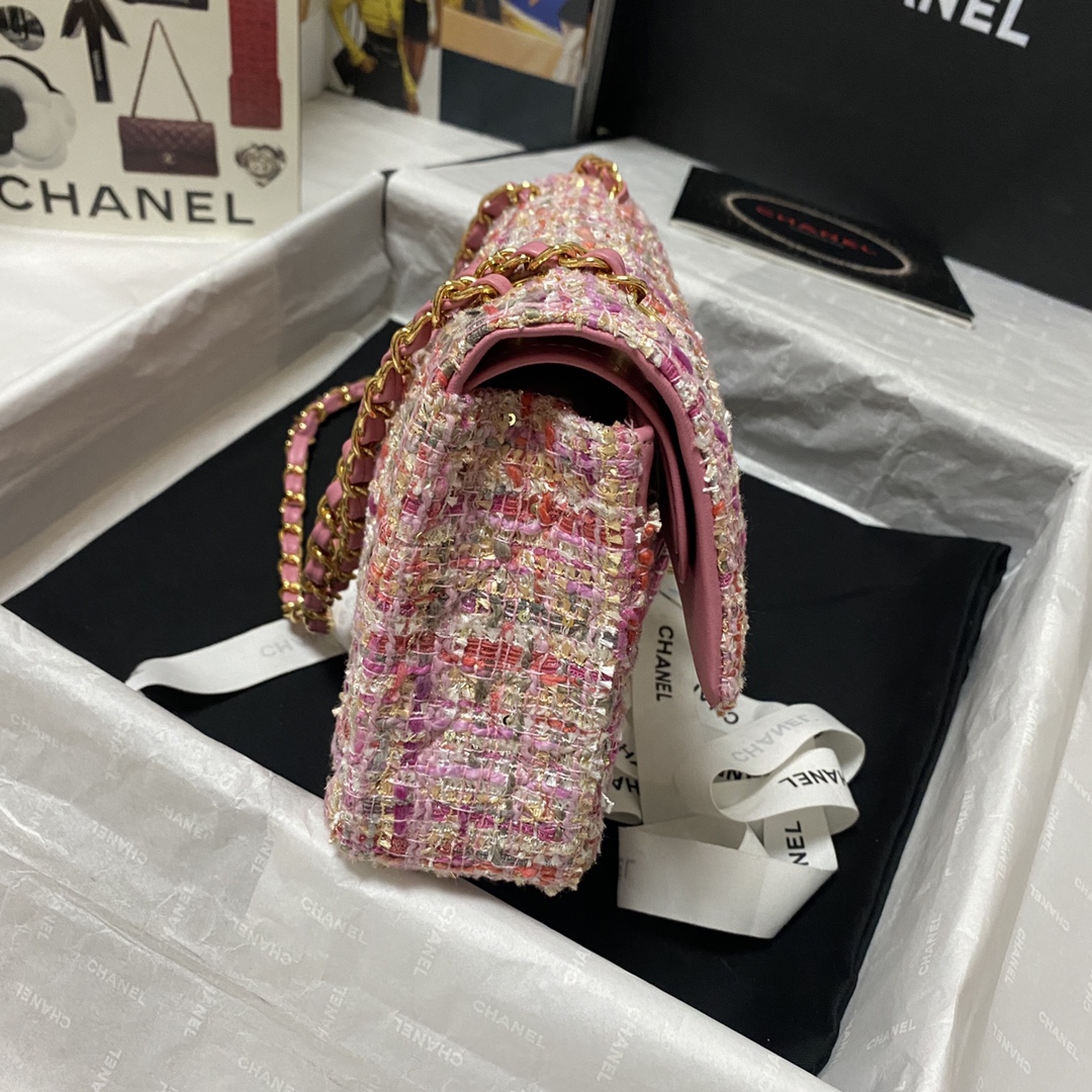 Bagsaaa Ch**el Medium Flap Bag Tweed Pink Leather - 25cm