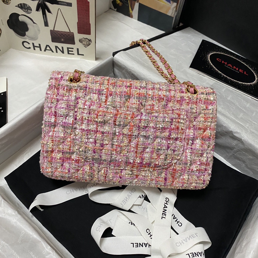 Bagsaaa Ch**el Medium Flap Bag Tweed Pink Leather - 25cm