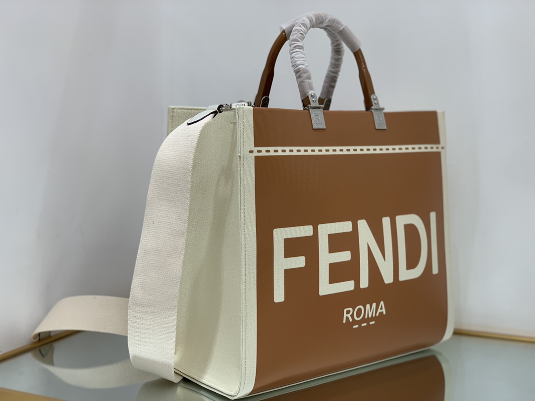 Bagsaaa F**di Sunshine Medium Canvas and brown patent leather shopper bag - 35x31x17cm