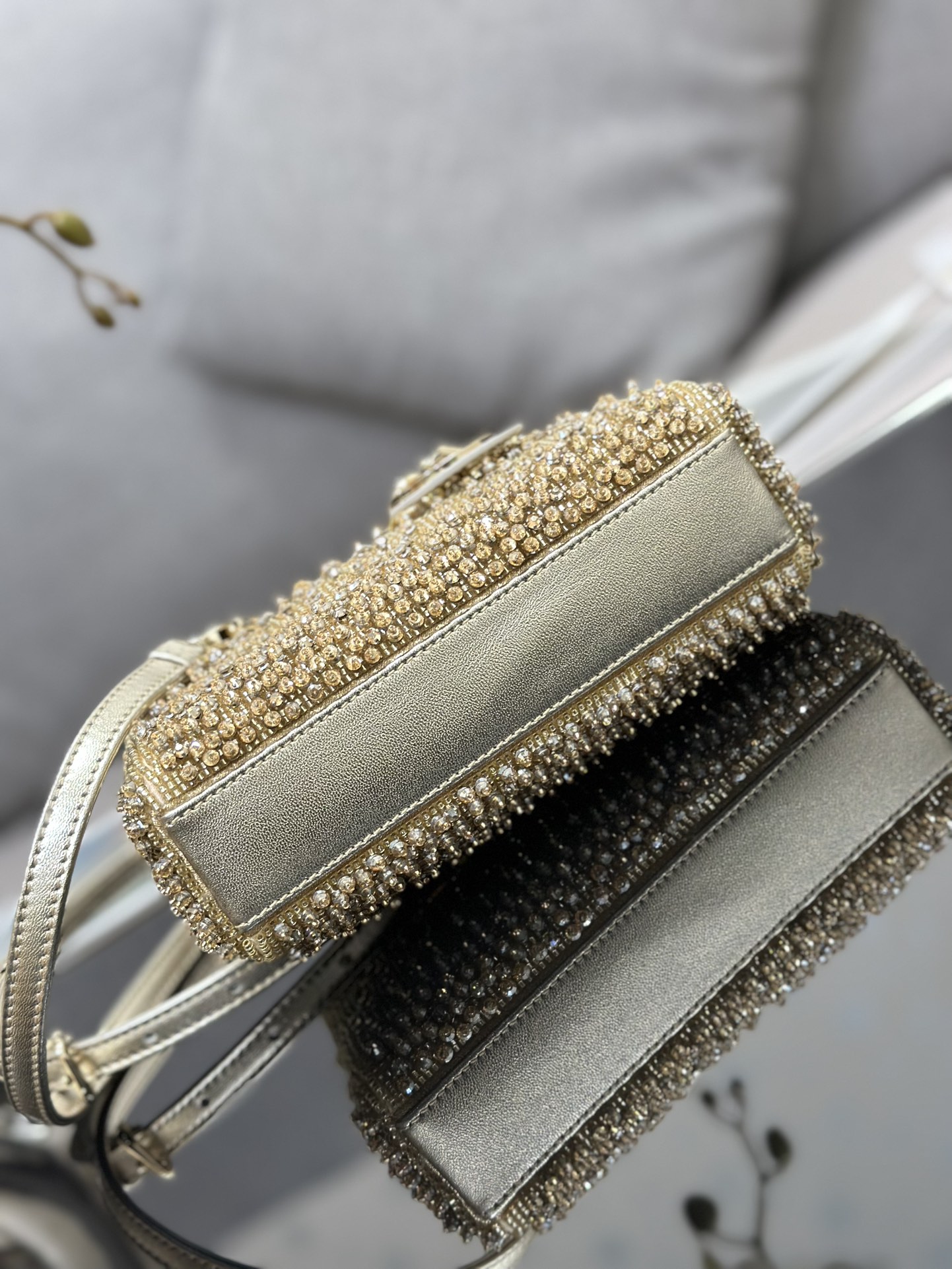 Bagsaaa D10r LAdy D-Joy Gold-Tone Satin with Gradient Bead Embroidery - 16 x 9 x 5 cm