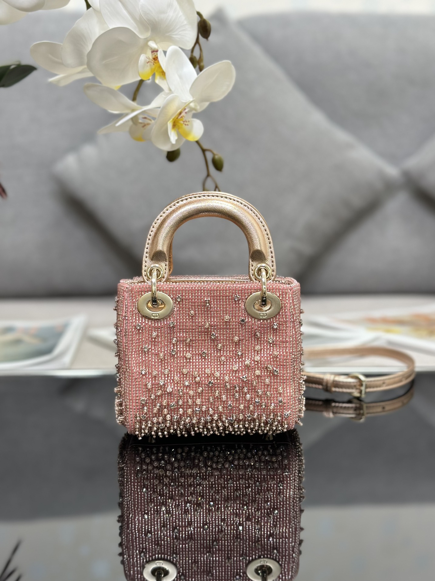 Bagsaaa D10r Lady Micro Pink-Tone Satin with Gradient Bead Embroidery 12 x 10.2 x 5cm