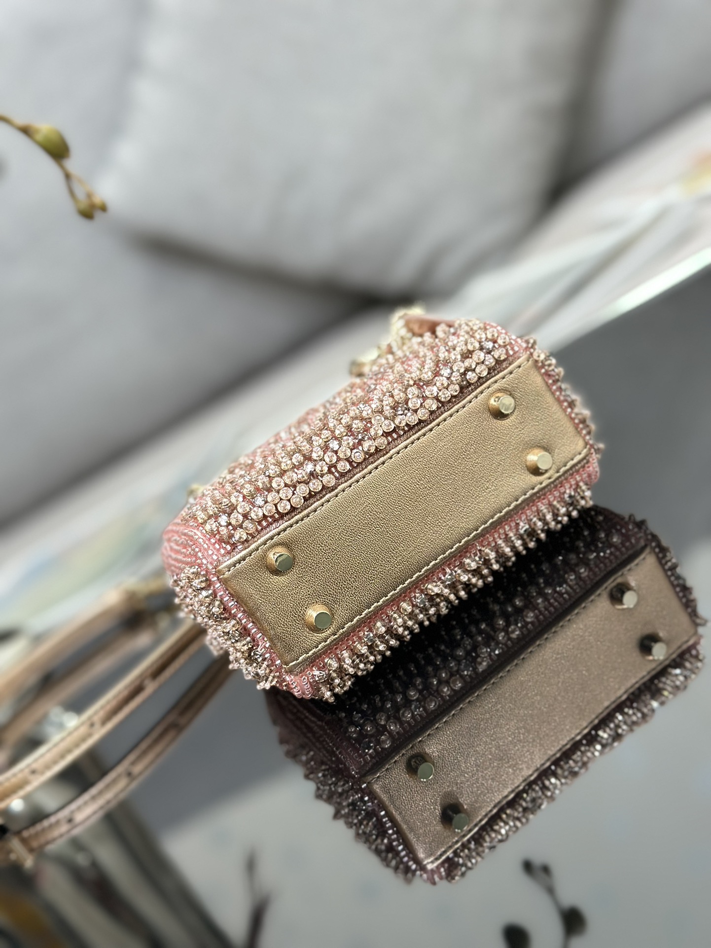Bagsaaa D10r Lady Micro Pink-Tone Satin with Gradient Bead Embroidery 12 x 10.2 x 5cm