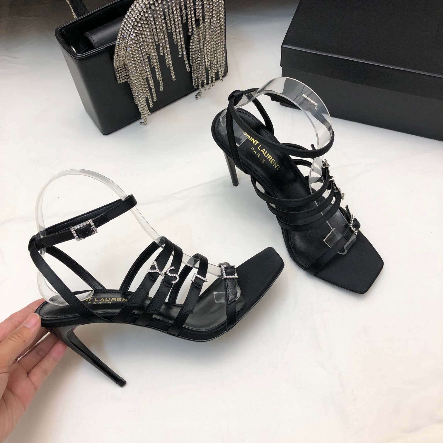 Bagsaaa Y51 Jerry embellished satin black sandals
