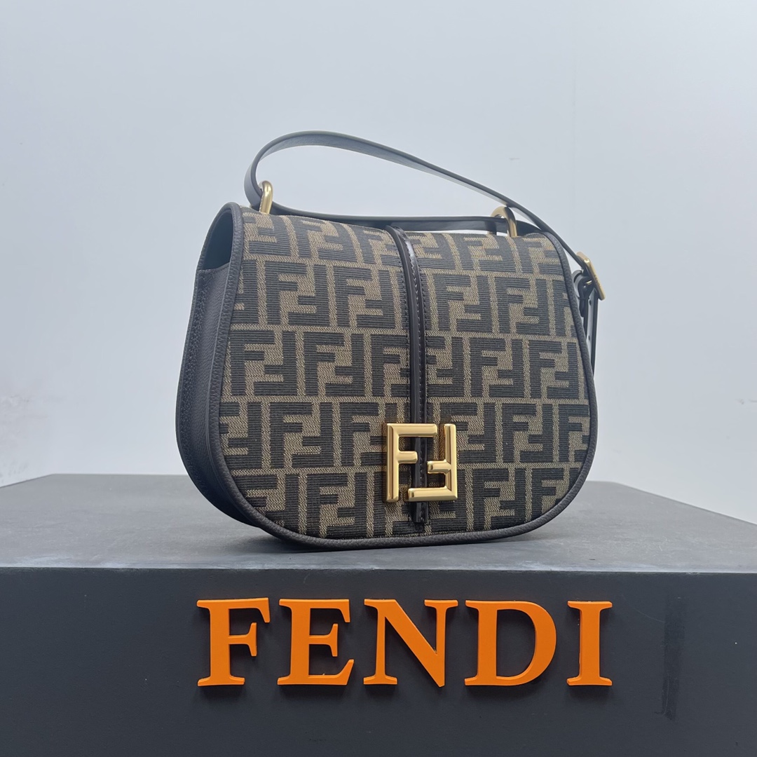 Bagsaaa F**di Cmon Brown FF jacquard fabric and leather bag - 25x20x7cm